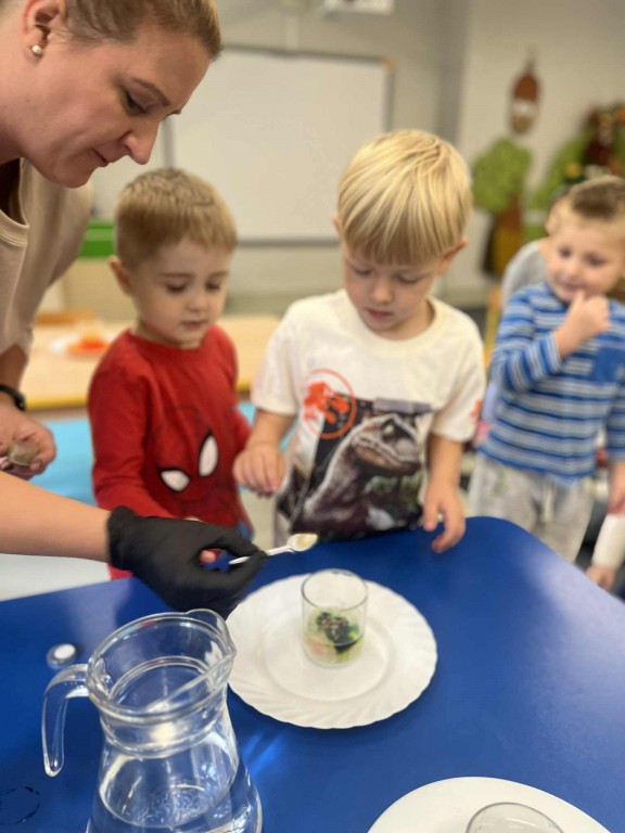 chłopcy przyglądają się przygotowaniom do doświadczenia