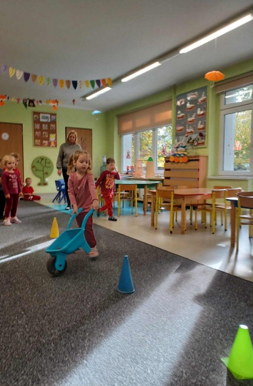 dziewczynka slalomem prowadzi taczkę zburakami