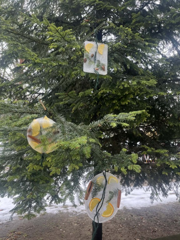 witraże zawieszone na drzewie przed salą, zimową porą