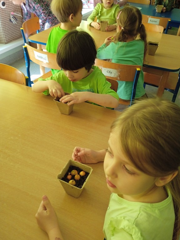 dzieci sadza wiosenne cebulki