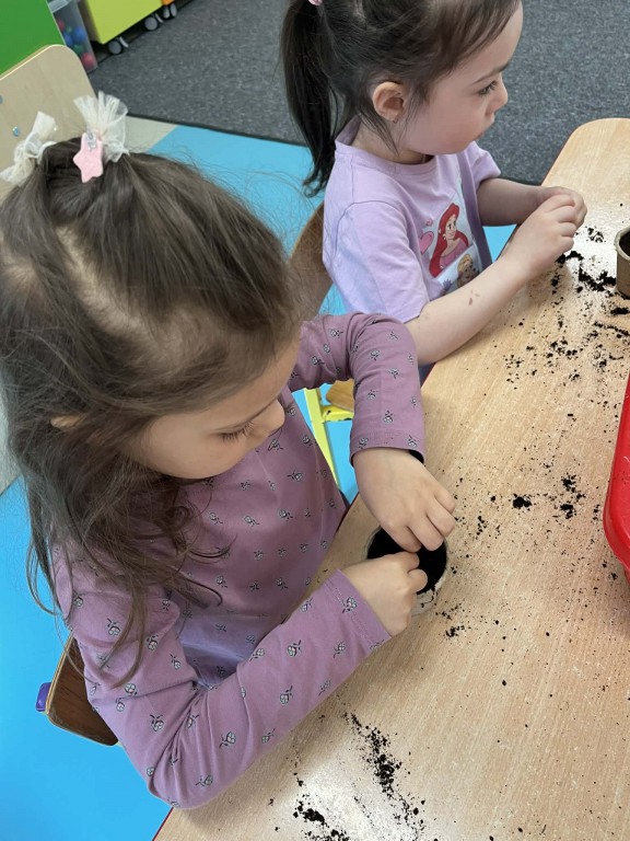 dzieci sadzą cebulkę w ziemi